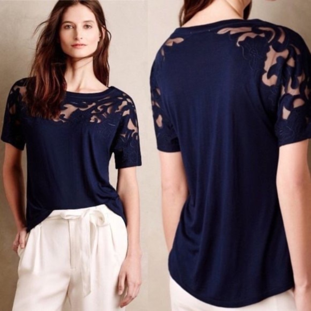 Anthropologie navy blue lace appliqué top